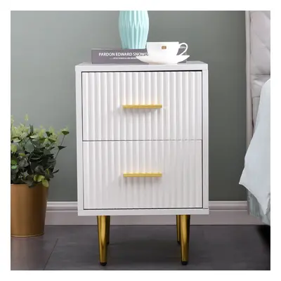 Modern White Rectangle Bedside Table with 2 Drawers and Gold Metal Base