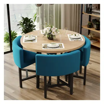 40" Round Wooden 4 Person Dining Table with Blue Upholstered Chairs Set for Nook Balcony