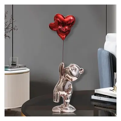 440mm Cute Pink Standing Bear Statue Sculpture Ornament Decor with Red Heart Balloons