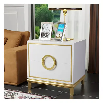 White Modern Bedroom Nightstand with 2 Drawers in Gold Legs