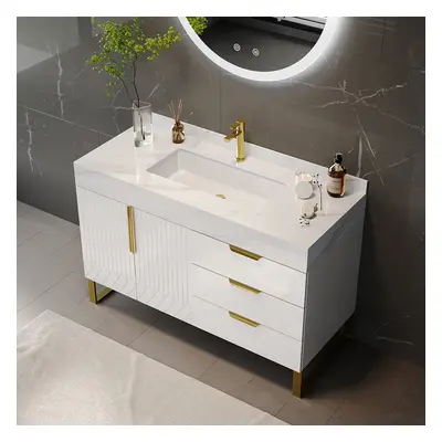 35" Bathroom Vanity Freestanding Cultured Marble Top with Single Sink & Drawers White