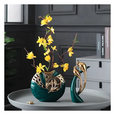 2PCS Modern Yellow Artificial Flower Arrangement in Green Ceramic Magpie Vase Home Decor