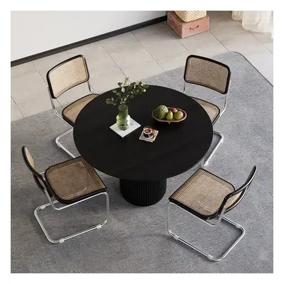 Round Dining Table Wood with Pedestal Base for 4 Person Japandi Black