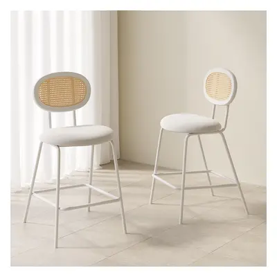 White Rattan Counter Height Stools Set of 2 with Cane Back & Velvet Upholstery Wood Bar Stools f