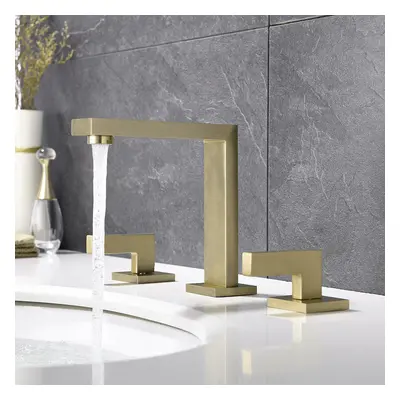 3 Holes Brushed Gold Bathroom Basin Tap Dual Handle Solid Brass