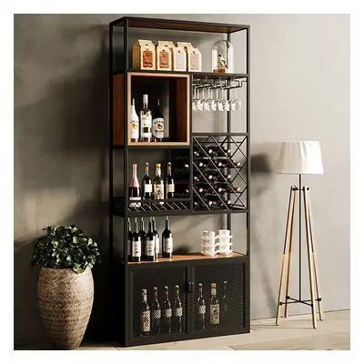 Industrial Tall Black Bar Wine Rack Cabinet with Glass Holder Wood 5-Tier Home Bar Cabinet