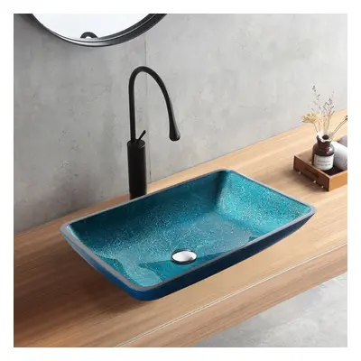 Modern Greenish-Blue Rectangular Countertop Tempered Glass Bathroom Wash Basin