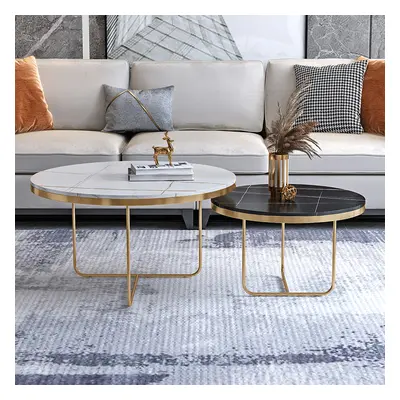 Modern Nesting Coffee Table Set 2-Piece Black and White Sintered Stone Top Gold Base