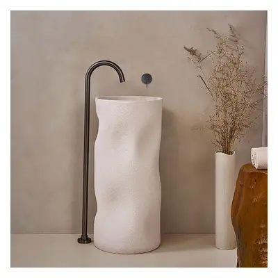 Japandi Stone Resin Freestanding Bathroom Basin Cylinder Pedestal Basin in Beige