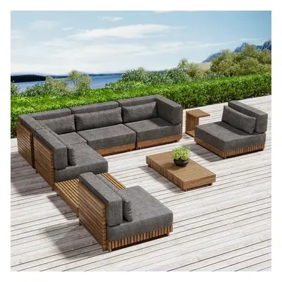 9 Pieces Teak Modular Outdoor Patio Sectional Sofa Set with Coffee Table and Cushion