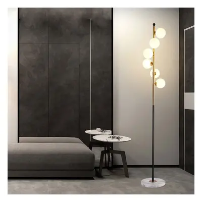 Modern White Globe Glass 6-Light Floor Lamp with Round Marble Base in Black and Gold