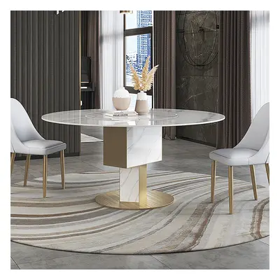 59" Round Dining Table Rotatable Faux Marble for 6 People Affordable Luxury White & Gold