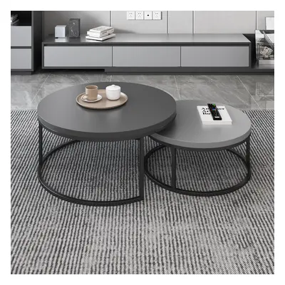 Fero 2 Pieces Modern Wood Gray & Black Round Nesting Coffee Table for Living Room