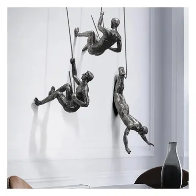 Industrial 3 Pieces Climbing Man Resin Wall Decor in Silver for Living Room & Entryway