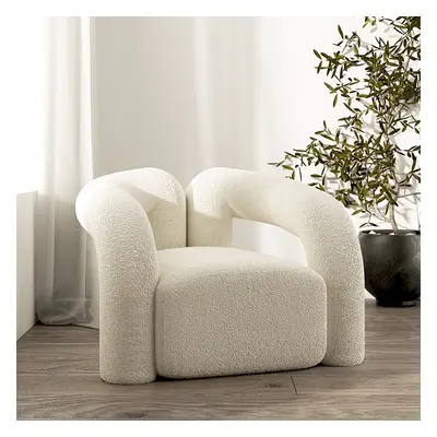 Japandi White Boucle Accent Chair Shaggy Armchair for Living Room