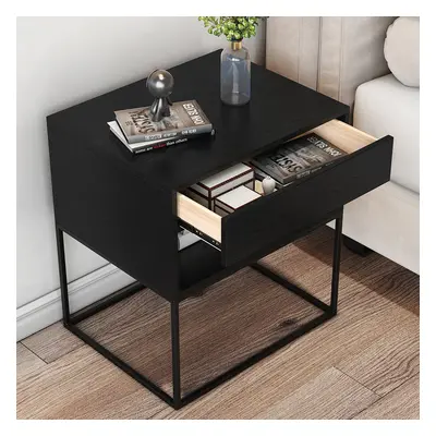 Black Modern BedsideTable with Drawer and Black Metal Base