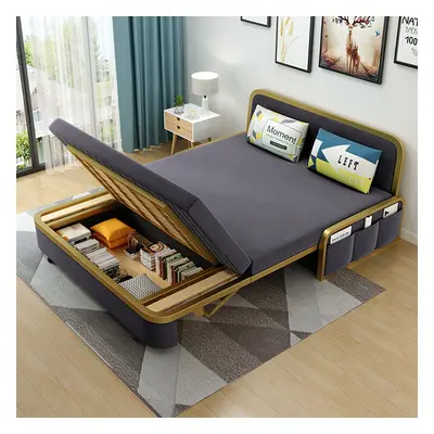 Modern Convertible Sofa Bed with Storage Velvet Upholstery in Deep Gray & Gold