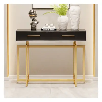 1000mm Modern Narrow Black Console Table with Storage Drawers and Metal Legs in Gold