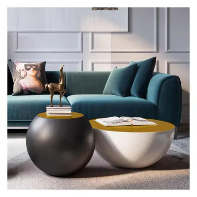 Modern Black & White Bowl-Shaped & Drum Shaped Coffee Table Set with Round Brown Top