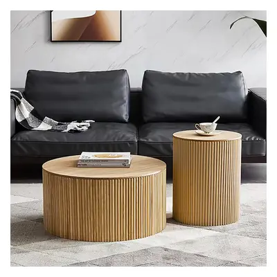 Japandi Round Wood Coffee Table Set of 2 with Storage in Natural