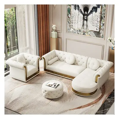 Dodiy Modern L-Shaped White Tufted Corner Sectional Sofa 6-Seater with Ottoman & Pillows