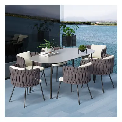 7 PCS 70.9'' Outdoor Faux Marble Top Dining Table Set with Rope Woven Armchairs Modern Outdoor &