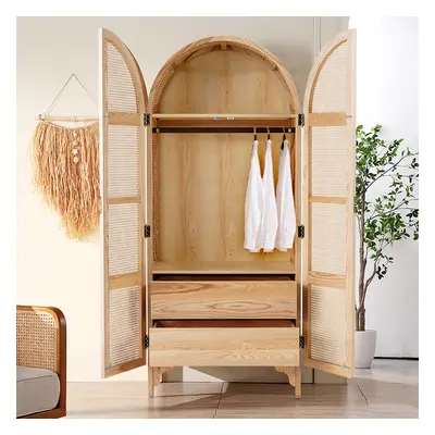 Natural Woven Rattan Bedroom Clothing Armoire with Hidden 2 Doors and Drawers Wardrobe