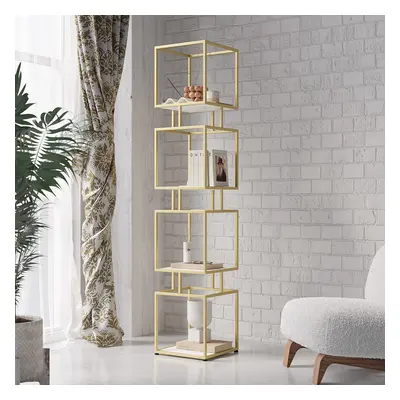 4-Tier Modern Simple Gold Cube Bookcase with Metal Tower Display Tall Wooden Bookshelf