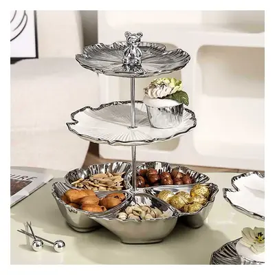 3 Tier White & Silver Fruit Bowl Ceramic Irregular Serving Tray Decor Cupcake Stand