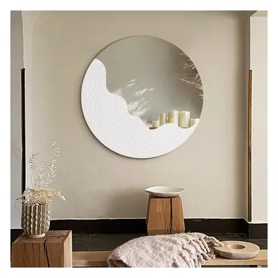 600mm Round White Japandi Wave Textured Wall Mirror Decor Art Living Room Bedroom