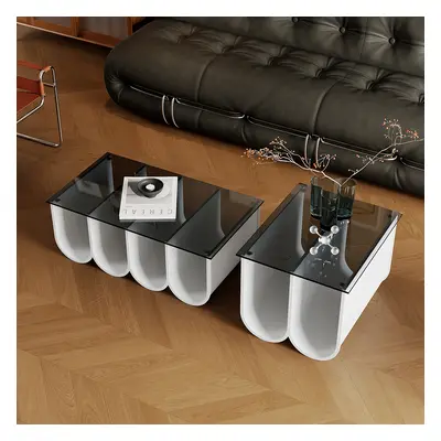 2-Piece Square Coffee Table Set with Black Clear Glass Tabletop & White Metal Arch Base