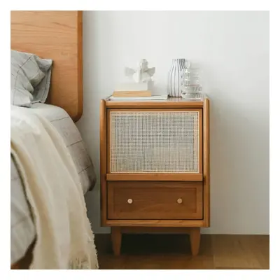 Rustic Rattan Nightstand with Storage Solid Wood Bedside Table in Walnut