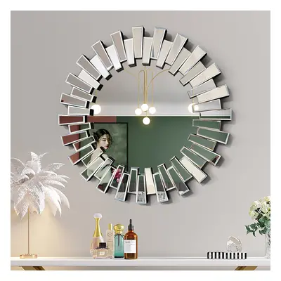 650mm Modern Silver Round Sun Wall Mirror Decor Art with Geometric Frame Living Room