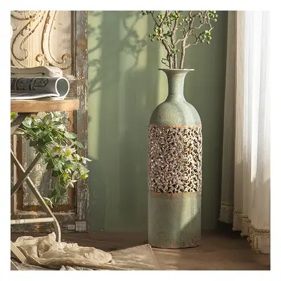 670mm French Country Large Metal Floor Vase Tall Home Geometric Decor Art Green & White