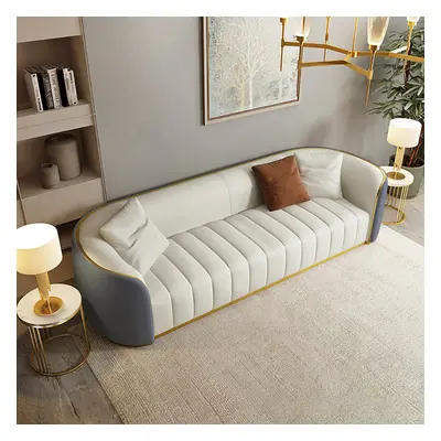 2260mm Modern Gray & White Faux Leather Upholstered 3-Seater Sofa with Gold Legs