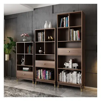 Modern Walnut Bookshelf Bookcase with Metal Frame and Drawer