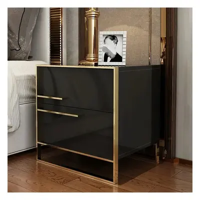 Cylina Modern 2 Drawers Black Lacquer Nightstand Square Bedside Table in Gold, Left