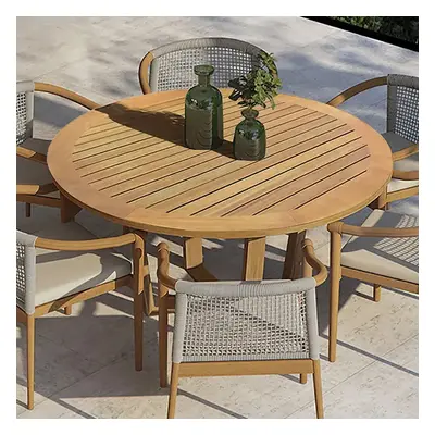 Modern Round Teak Wood 6 Person Outdoor Patio Dining Table in Natural