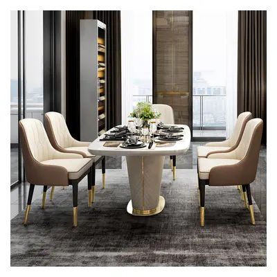 Modern 63" Marble Rectangular Pedestal Dining Table PU Leather&Stainless Steel in Gold