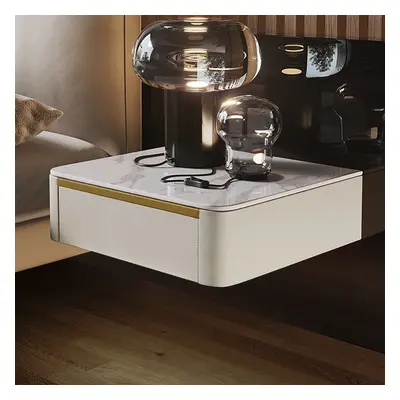 Modern White Floating Nightstand 1 Drawer Bedside Table with Sintered Stone Top