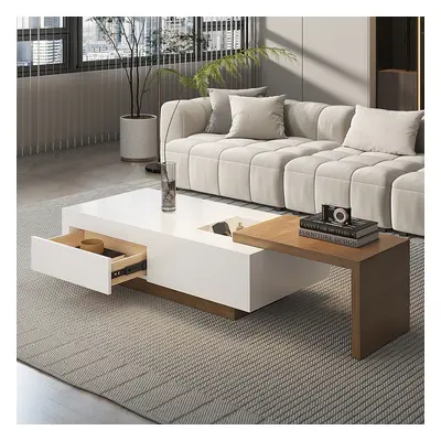 White & Walnut Extendable Rectangle Coffee Table with Drawer & Sliding Storage