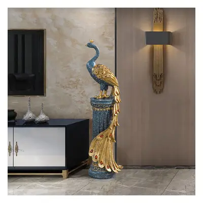 700mm Large Glam Peacock Floor Sculpture Decor Art Living Room Bedroom in Blue & Gold