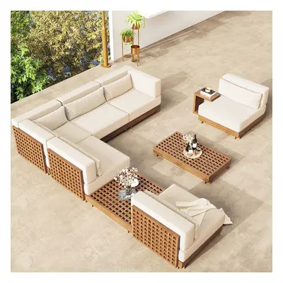 9-Pieces Versatile Whole Teak Luxury Modular L-Shaped Outdoor Patio Sectional Sofa Set in Beige 