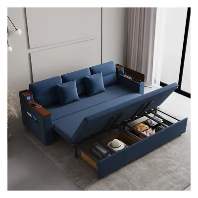 83" Linen Convertible Sofa Bed Blue Full Sleeper Sofa with Storage and Side Pockets