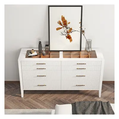 Modern Fluted White Dresser & Chest with Tempered Glass Top & Jewelry Display