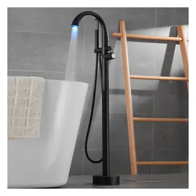 LED Freestanding Bath Tap with Handheld Shower High-Arc Filler Spout Solid Brass