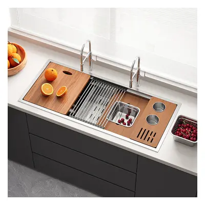 1100mm Stainless Steel 7 Pcs Kitchen Sink Rectangular Drop-in Single Bowl in Brushed