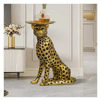 Resin Panther End Table Luxury Gold Leopard Accent Side Table with Tray Top Drink Table