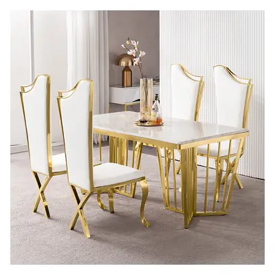 White Upholstered Dining Chairs (Set of 2) Stainless Steel Side Chair with Gold Legs