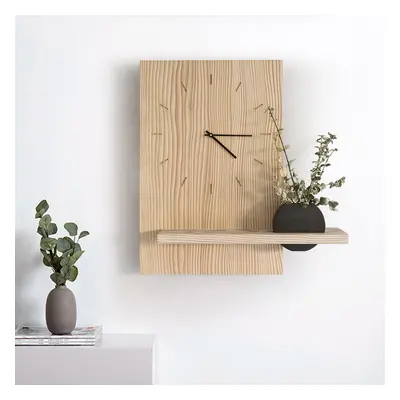 Japandi Natural Wood Rectangle Wall Clock with Black Vase Decor Living Room Bedroom